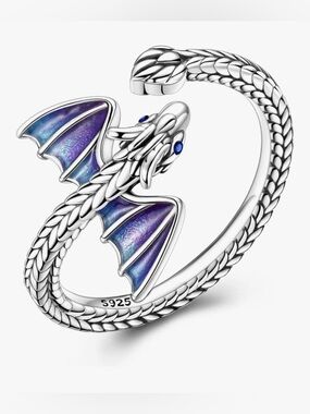 Sterling Silver Stamped 925 Dragon Wrap Ring with Purple Enamel Wings